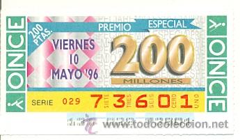 Bilhetes ONCE: 8-960510. Cup&oacute;n Once de 10-5-96. Viernes