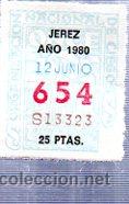 Billets ONCE: LOTER&Iacute;A NACIONAL DE CIEGOS, CUP&Oacute;N ONCE, DELEGACI&Oacute;N DE JEREZ, 1980, 12 JUNIO, N&ordm; 654