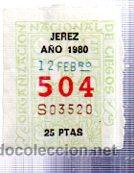 Billets ONCE: LOTER&Iacute;A NACIONAL DE CIEGOS, CUP&Oacute;N ONCE, DELEGACI&Oacute;N DE JEREZ, 1980, 12 FEBRERO, N&ordm; 504