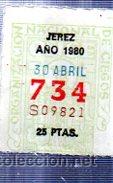 Billets ONCE: LOTER&Iacute;A NACIONAL DE CIEGOS, CUP&Oacute;N ONCE, DELEGACI&Oacute;N DE JEREZ, 1980, 30 ABRIL, N&ordm; 734
