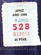 Billets ONCE: LOTER&Iacute;A NACIONAL DE CIEGOS, CUP&Oacute;N ONCE, DELEGACI&Oacute;N DE JEREZ, 1980, 9 JUNIO, N&ordm; 528