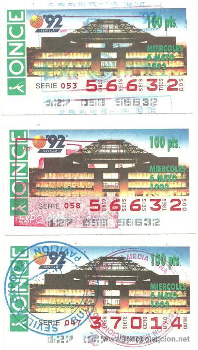 Bilhetes ONCE: Tres cupones de la ONCE de la EXPO 92 con cuatro sellos impresos del pasaporte de la EXPO.