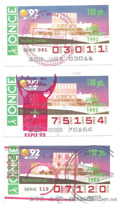 Bilhetes ONCE: Tres cupones de la ONCE de la EXPO 92 con sellos impresos del pasaporte de la Expo.