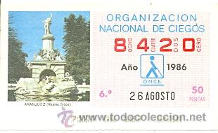 Cupones ONCE: 8-260886. Cup&oacute;n Once de 1986. Aranjuez. Reales Sitios