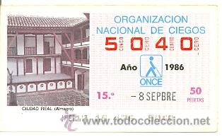Cupones ONCE: 8-080986. Cup&oacute;n Once de 1986. Ciudad Real. Almagro