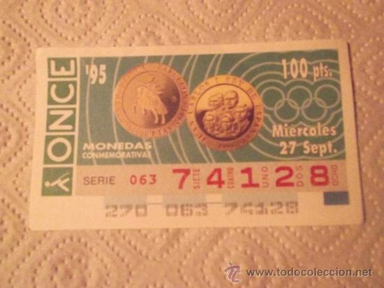 Cupones ONCE: SORTEO N&ordm; 270 DEL 27-09-95 - N&ordm; 74128 - TEMA: MONEDAS CONMEMORATIVAS - 80.000 PTAS - BARCELONA-92