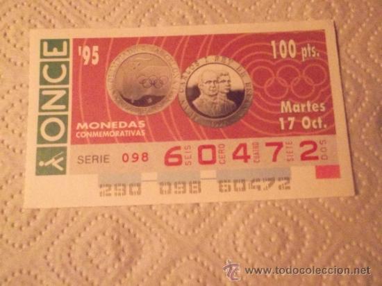Cupones ONCE: SORTEO N&ordm; 290 DEL 17-10-95 - N&ordm; 60472 - TEMA: MONEDAS CONMEMORATIVAS - 2.000 PTAS - BARCELONA 92 -