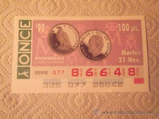Cupones ONCE: SORTEO N&ordm; 325 DEL 21-11-95 - N&ordm; 86648 - TEMA: MONEDAS CONMEMORATIVAS - 5.000 PTAS - BARCELONA 92