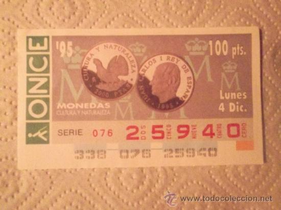 Cupones ONCE: SORTEO 338 DEL 4-12-95 - N&ordm; 25940 - TEMA. MONEDAS CONMEMORATIVAS - 2.000 PTAS - BARCELONA 92 -