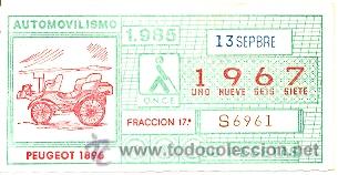 Cupones ONCE: 8-850913. Cup&oacute;n Once de 13-9-85. Automovilismo. Peugeot 1869