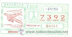 Bilhetes ONCE: 8-851105. Cup&oacute;n Once de 5-11-85. Aviaci&oacute;n. Junkers