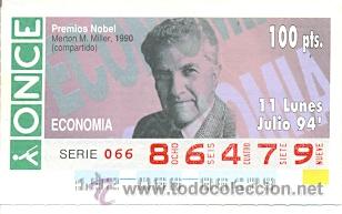 Bilhetes ONCE: 8-940711. Cup&oacute;n Once de 11-7-94. Premios Nobel. Merton M. Miller