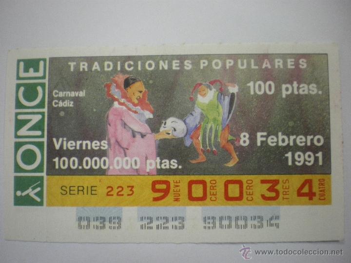 Cupones ONCE: Tradiciones Populares - Carnaval - C&aacute;diz - Cup&oacute;n ONCE - 08/02/1991