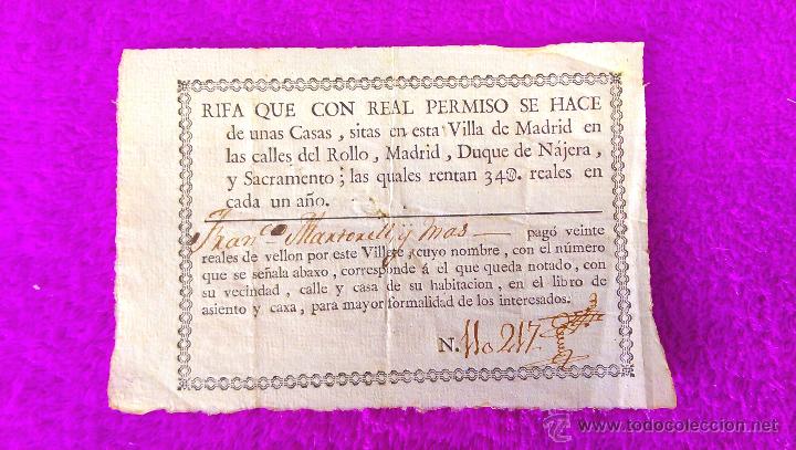 Cupones ONCE: RIFA AUTORIZADA ORIGINAL DE LA VILLA DE MADRID DE UNAS CASAS, FRANCISCO MARTORELL Y MAS 1790