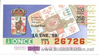 Cupones ONCE: 8-980116. Cup&oacute;n Once de 16-1-1998. Escudo Ciudad Real