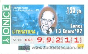 Cupones ONCE: 8-970113. Cup&oacute;n Once de 13-1-97. Literatura. Premios Nobel. Juan Ram&oacute;n Jim&eacute;nez
