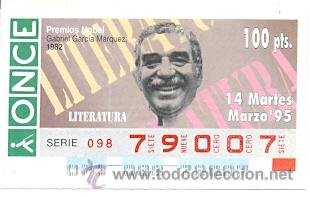 Cupones ONCE: 8-950314. Cup&oacute;n Once de 14-3-95. Premios Nobel. Gabriel Garcia Marquez