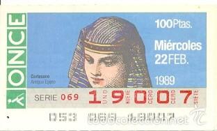 Cupones ONCE: 8-890222. Cup&oacute;n Once de 22-2-89. Cortesano. Antiguo Egipto