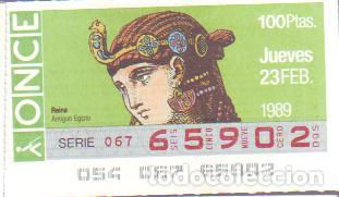 Cupones ONCE: Espa&ntilde;a. ONCE. 1989. Antiguo Egipto: Reina. Fecha: 23 Feb