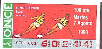 Cupones ONCE: Espa&ntilde;a. ONCE. 1990. El Mar - Deporte: Esqu&iacute; Acu&aacute;tico.  Fecha: 7 Agosto.El n&uacute;mero puede variar
