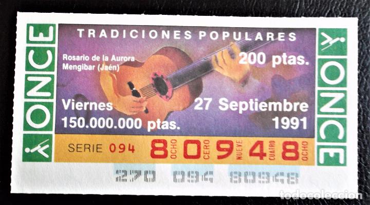 Cupones ONCE: Espa&ntilde;a. ONCE. 1991. Tradiciones Populares: Mengibar (Ja&eacute;n): Rosario de la Aurora. Fecha: 27 Sep. El