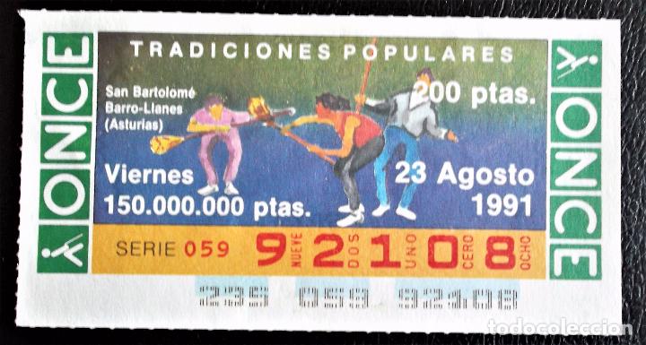 Cupones ONCE: Espa&ntilde;a. ONCE. 1991. Tradiciones Populares: Barro-Llanes (Asturias): San Bartolom&eacute;. Fecha: 23 Agos. E