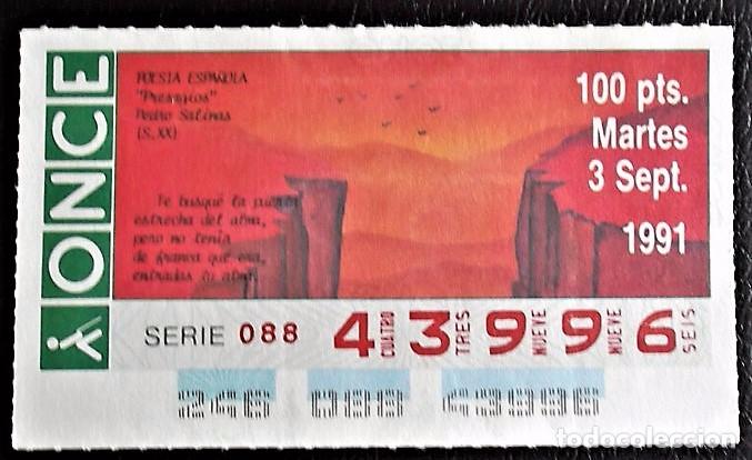 Cupones ONCE: Espa&ntilde;a. ONCE. 1991. Poes&iacute;a Espa&ntilde;ola: Presagios de Pedro Salinas. Fecha: 3 Sep.  El n&uacute;mero puede vari
