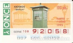 Coupon ONCE: Cup&oacute;n Once de 7-1-92. Kioskos. Sevilla. ref. 8-070192