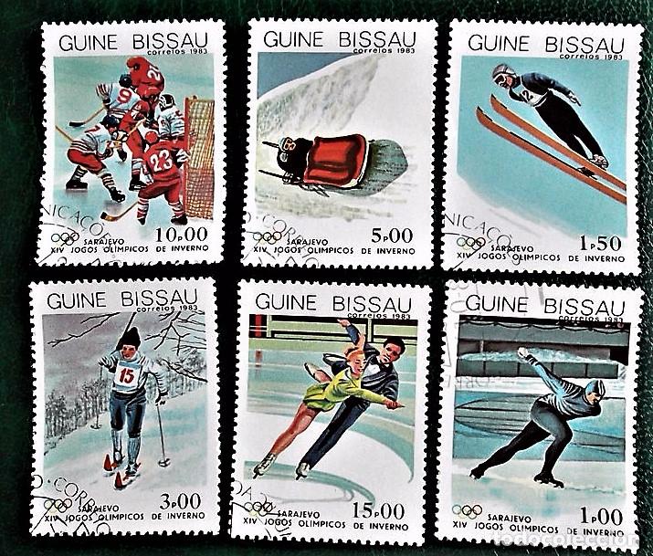 Cupones ONCE: Guinea Bissau. 224/29 Pre-Ol&iacute;mpico Sarajevo'84: Patinaje velocidad, salto de esqu&iacute;, biathlon, bobs,
