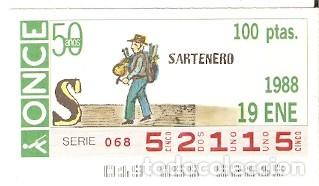 Coupon ONCE: Cup&oacute;n Once 19-1-88. Sartenero. ref. 8-190188