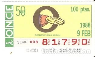 Coupon ONCE: Cup&oacute;n Once de 9-2-88. Capitulares de Libros de Aventuras. Mano. ref. 8-090288