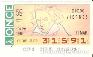 Cupones ONCE: Cup&oacute;n Once de 11-3-88. Beethoven. ref. 8-110388