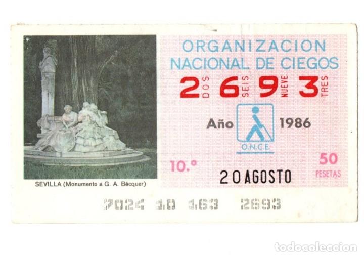 Cupones ONCE: CUP&Oacute;N DE LA ONCE SPANISH LOTERY CIEGOS 20 AGOSTO 1986 SEVILLA MONUMENTO A GUSTAVO ADOLFO B&Eacute;CQUER VER