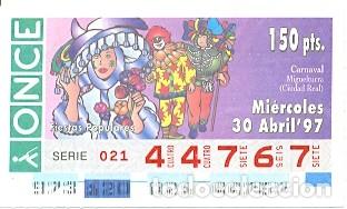 Cupones ONCE: Cup&oacute;n Once de 30-4-97. Fiestas. Carnaval. Miguelturra. Ciudad Real. ref. 8-970430
