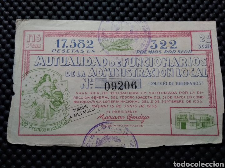 Cupones ONCE: LOTERIA MUTUALIDAD DE FUNCIONARIOS SORTEO 15 DE JUNIO 1935
