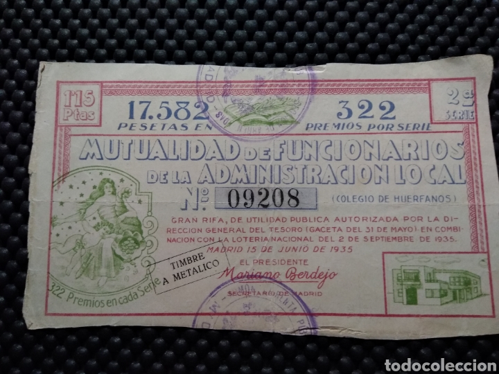 Cupones ONCE: LOTERIA MUTUALIDAD DE FUNCIONARIOS SORTEO 15 DE JUNIO 1935