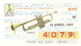 Cupones ONCE: Cup&oacute;n Once de 14-4-87. Instrumentos de Viento Metal. Trompeta. ref. 8-870414