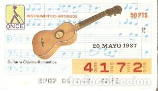 Cupones ONCE: Cup&oacute;n Once de 20-5-87. Instrumentos antiguos. Guitarra Cl&aacute;sico Rom&aacute;ntica. ref. 8-870520