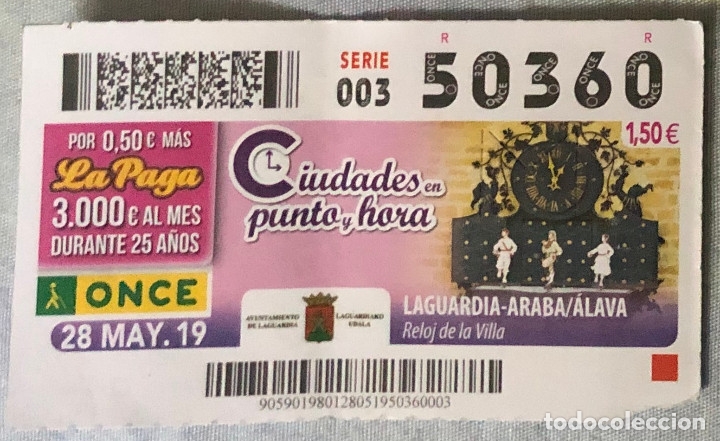 Cupones ONCE: Cup&oacute;n de la ONCE. 28 de Mayo de 2019. Dedicado al Reloj de la Villa, Laguardia. &Aacute;lava. N&ordm; 50360.