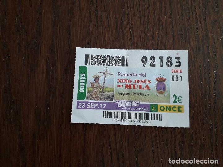 Cupones ONCE: cup&oacute;n once 23-09-17 romer&iacute;a del ni&ntilde;o Jes&uacute;s de Mula, Regi&oacute;n de M&uacute;rcia.
