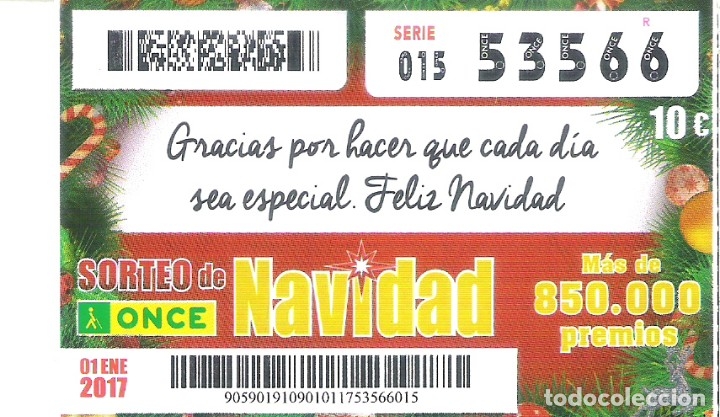 Billets ONCE: 1 CUPON ONCE O DECIMO - 1 ENERO 2017 - SORTEO ESPECIAL NAVIDAD