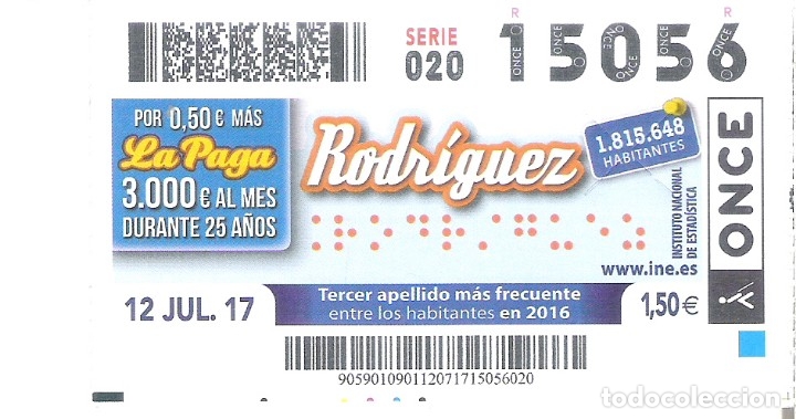 Billets ONCE: 1 CUPON ONCE O DECIMO - 12 JULIO 2017 - LA PAGA - RODRIGUEZ - TERCER APELLIDO M&Aacute;S FRECUENTE