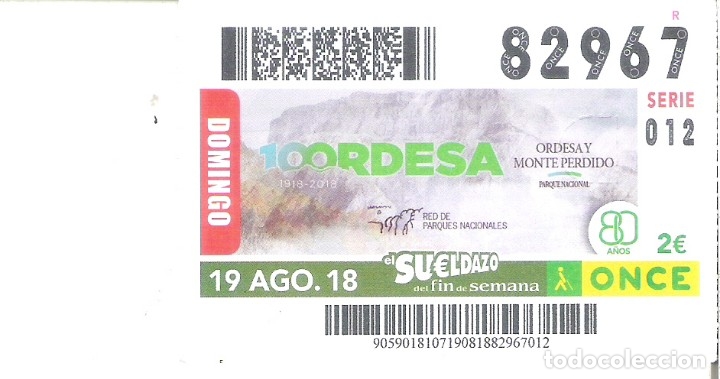 Billets ONCE: 1 CUPON ONCE O DECIMO 19 AGOSTO 2018 - ORDESA Y MONTE PERDIDO - HUESCA ( PARQUES NACIONALES