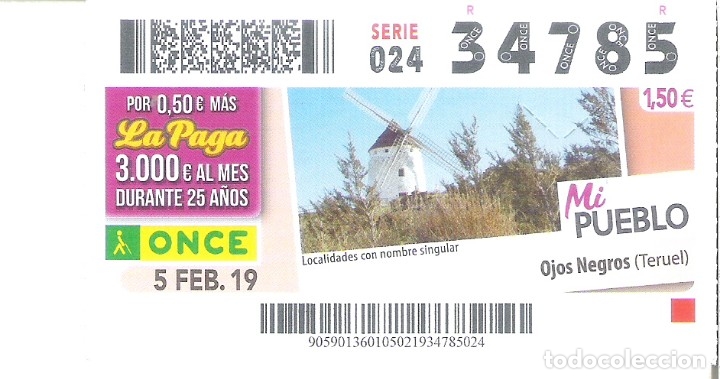 ONCE Coupons: 1 CUPON ONCE O DECIMO 5 FEBRERO 2019 - OJOS NEGROS ( TERUEL - MOLINOS