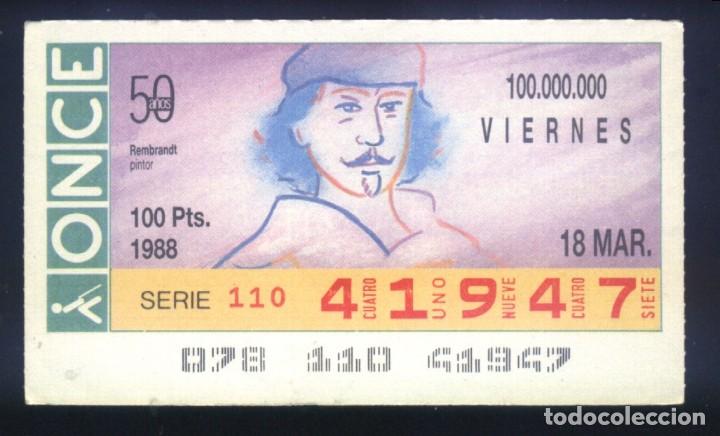 Cupones ONCE: A-8001- CUP&Oacute;N ONCE. VIERNES 18 MARZO 1988. REMBRANDT. PINTOR.