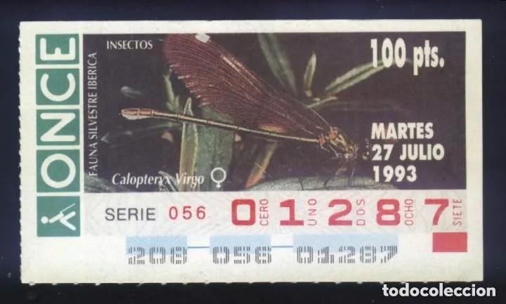 Cupones ONCE: A-8021- CUP&Oacute;N ONCE. 27 JULIO 1993. FAUNA SILVESTRE IB&Eacute;RICA. INSECTOS. CALOPTERYX VIRGO.