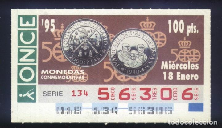 Cupones ONCE: A-8137- CUP&Oacute;N ONCE. 18 ENERO 1995. MONEDAS CONMEMORATIVAS. 500 ANIVERSARIO.