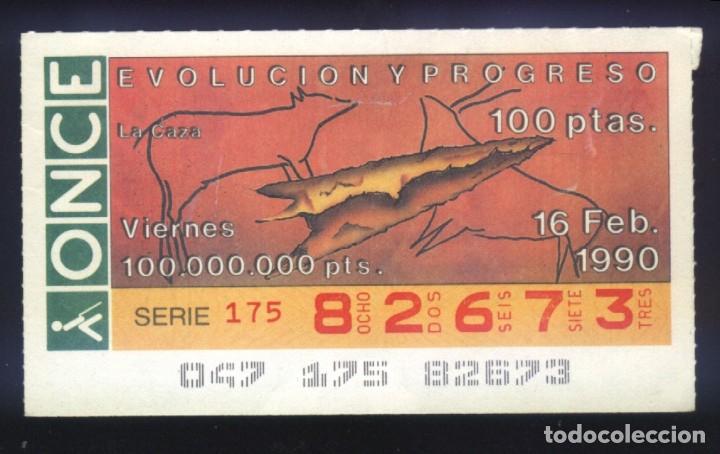 Cupones ONCE: A-8173- CUP&Oacute;N ONCE. VIERNES 16 FEBRERO 1990. EVOLUCI&Oacute;N Y PROGRESO. LA CAZA.