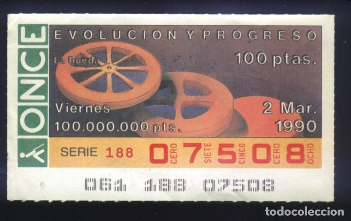 Cupones ONCE: A-8176- CUP&Oacute;N ONCE. VIERNES 2 MARZO 1990. EVOLUCI&Oacute;N Y PROGRESO. LA RUEDA.