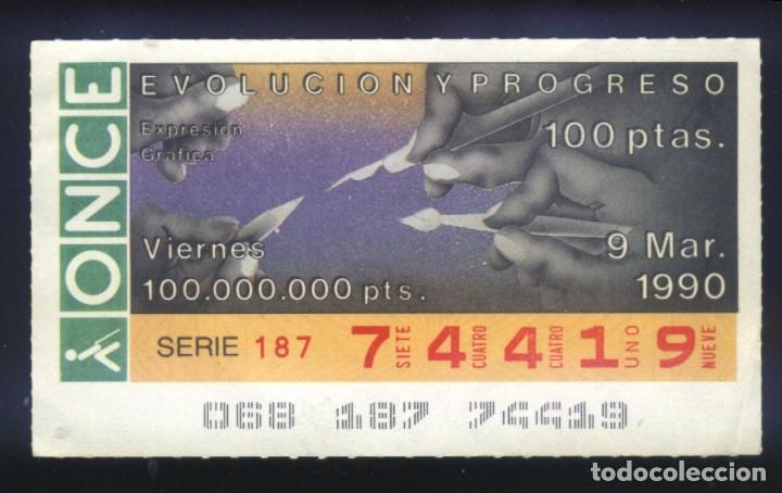 Cupones ONCE: A-8179- CUP&Oacute;N ONCE. VIERNES 9 MARZO 1990. EVOLUCI&Oacute;N Y PROGRESO. EXPRESI&Oacute;N GR&Aacute;FICA.